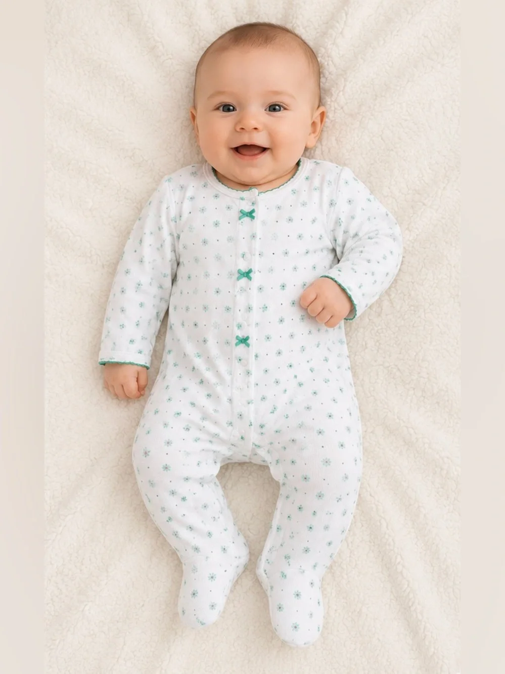 3 MTH Carter's White Footed One-Piece with Teal Star Dots